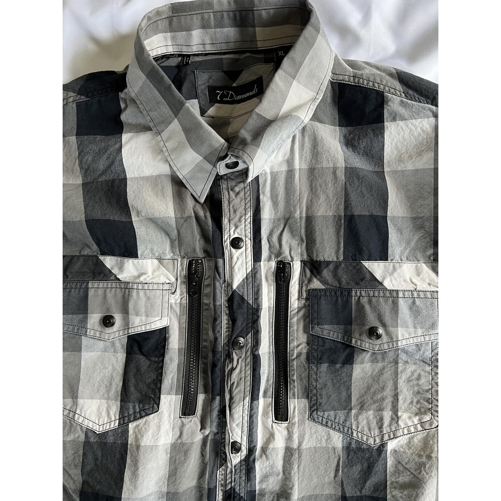 7 Diamonds Shirt Mens XL Black Gray White‎ Plaid Button Down Embroidered Pockets - Picture 6 of 15